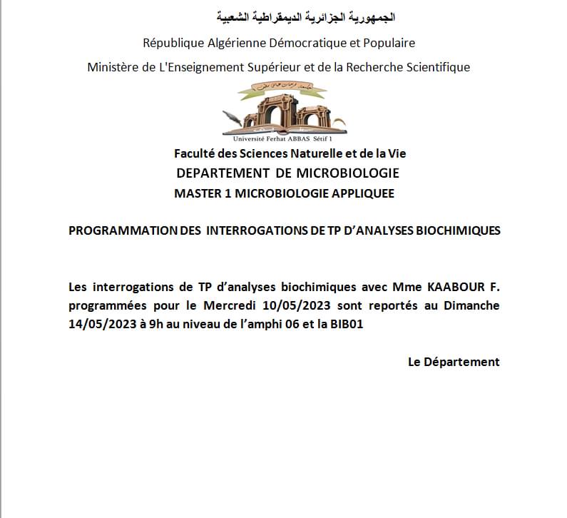 nterrogation Tp analyses biochimiques : Départment de Microbiologie