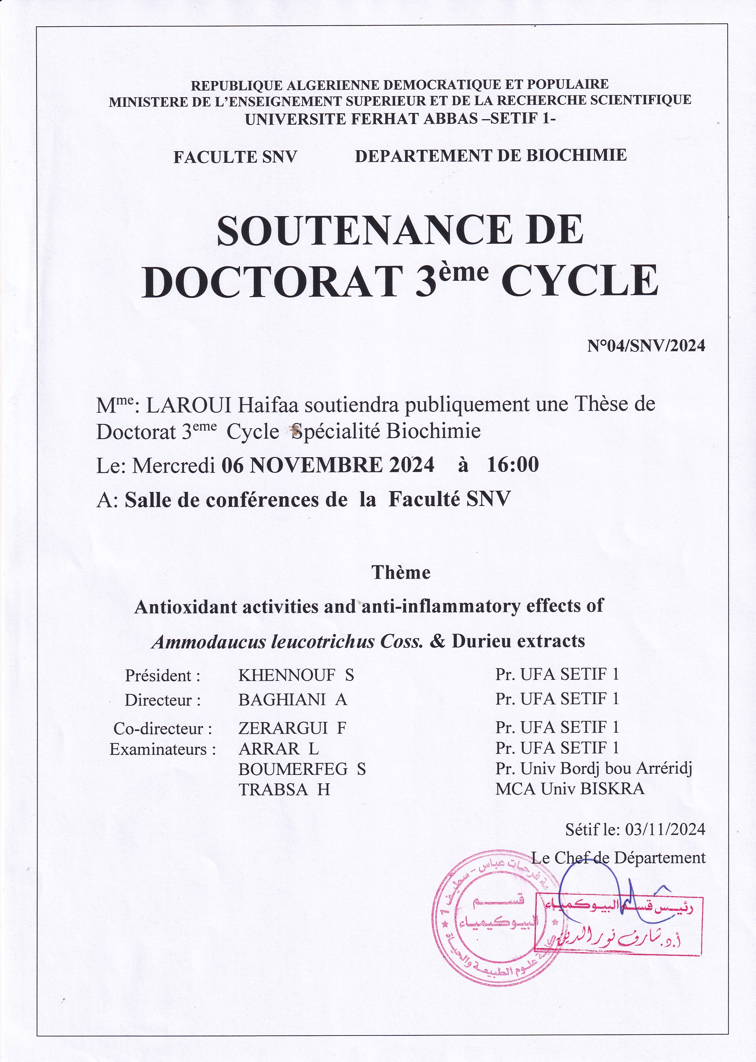 soutenance : Département de biochimie