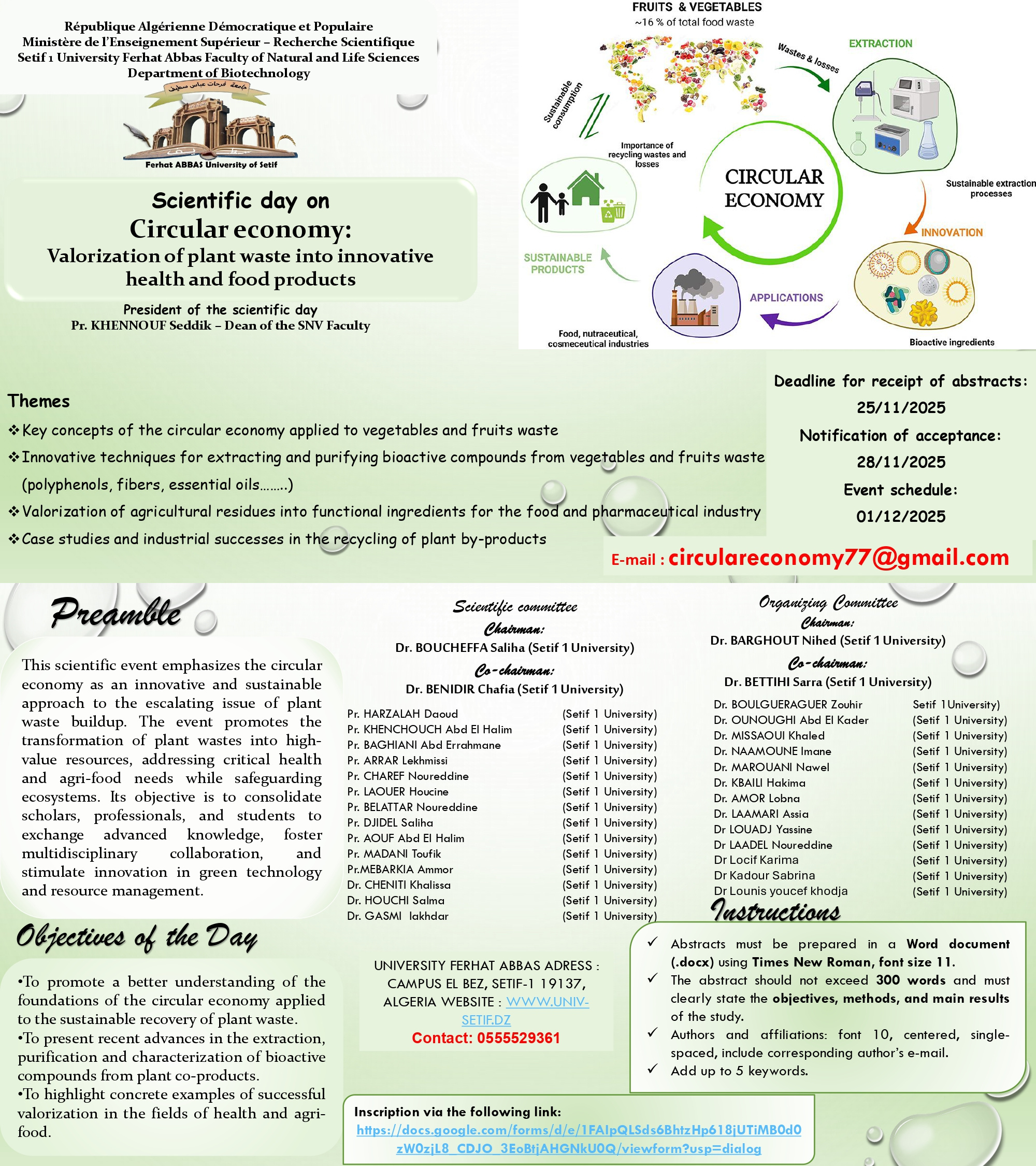 Scientific day on the theme: Circular economy – Valorization of plant waste into innovative health and food products