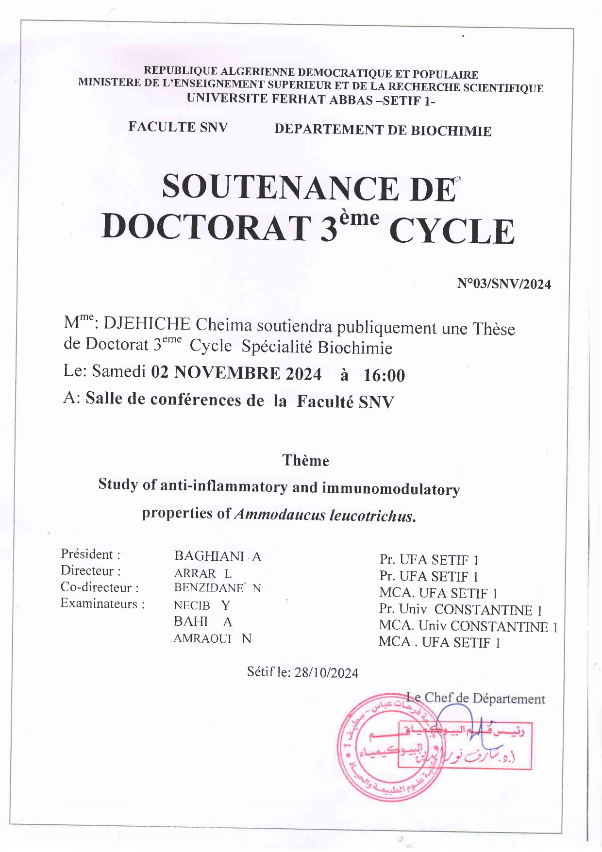 soutenance : Département de biochimie